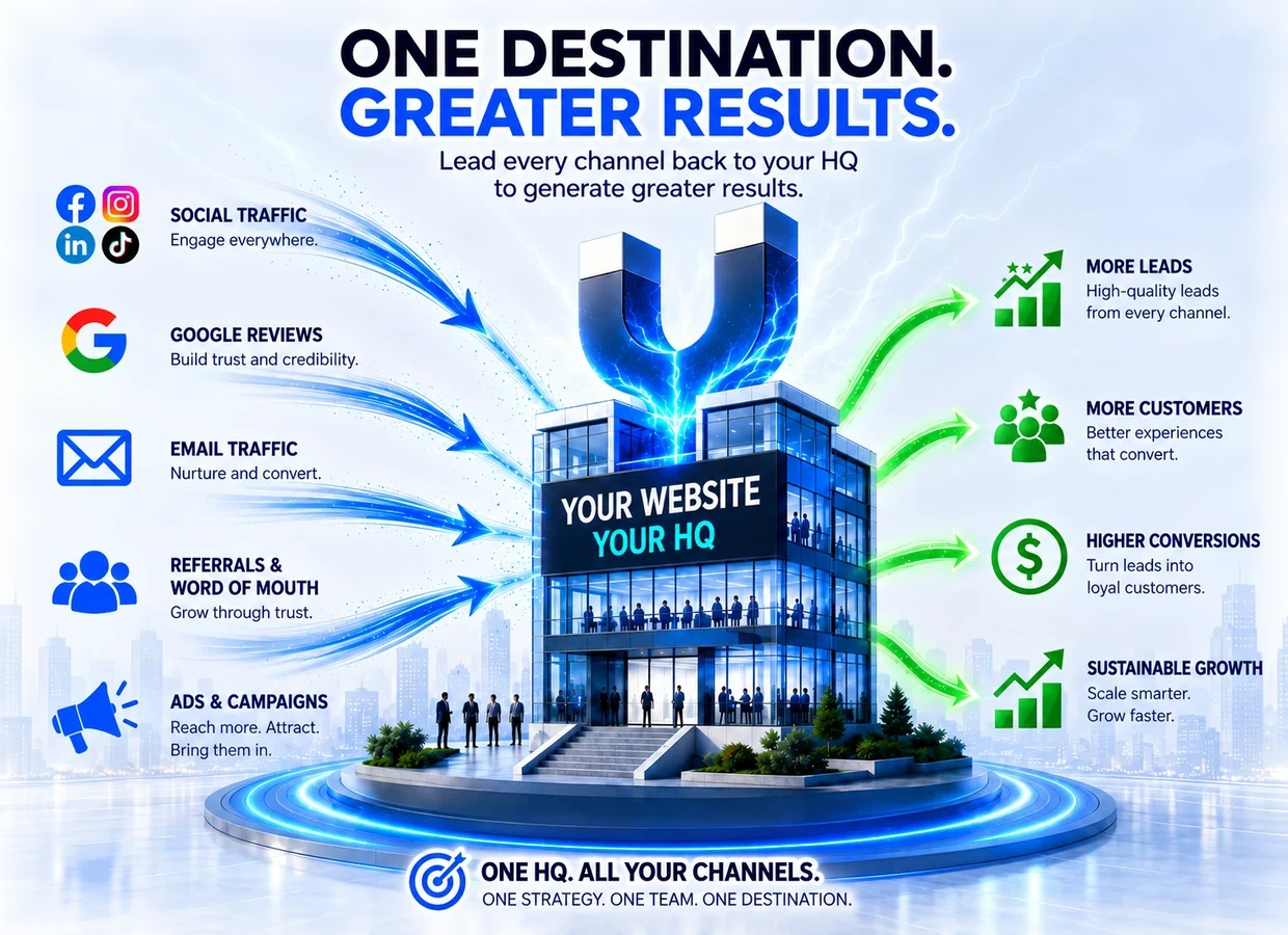 Social media, Google reviews, email, referrals and campaigns flowing into one owned website headquarters