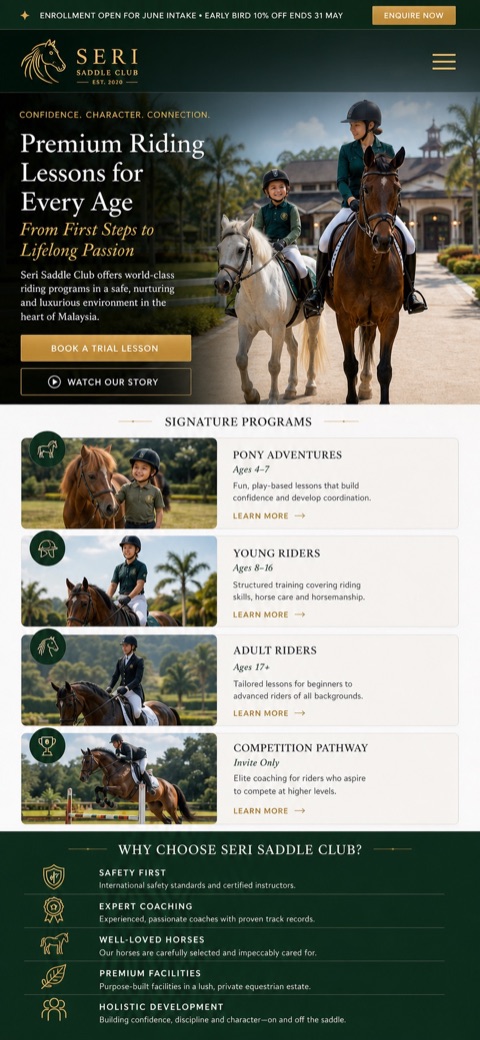 Responsive mobile landing page design for a premium Malaysian horse-riding club