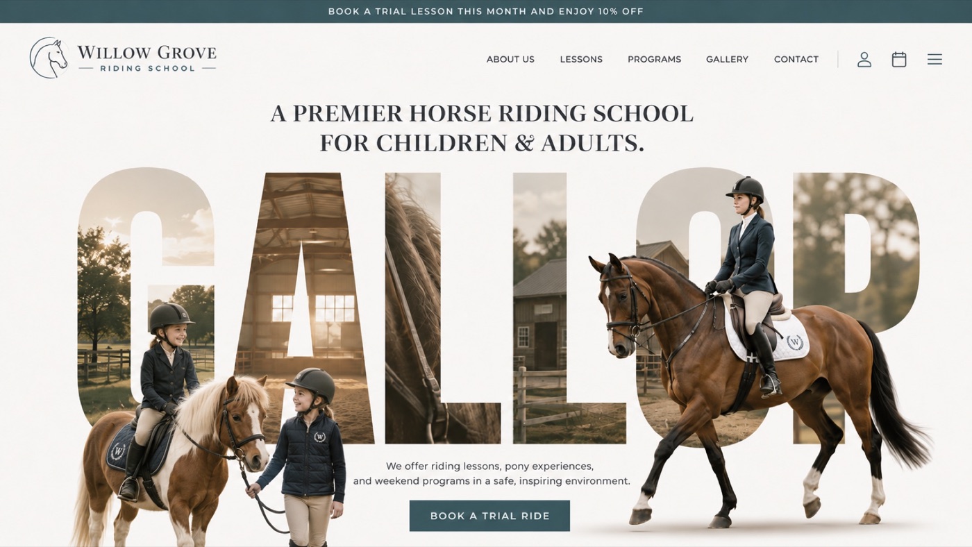 Horse-riding school trial lesson landing page