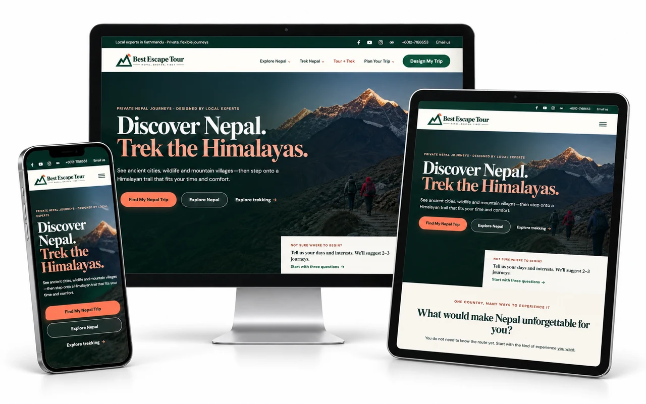 Best Escape Tour website design presented on a desktop monitor, tablet and phone