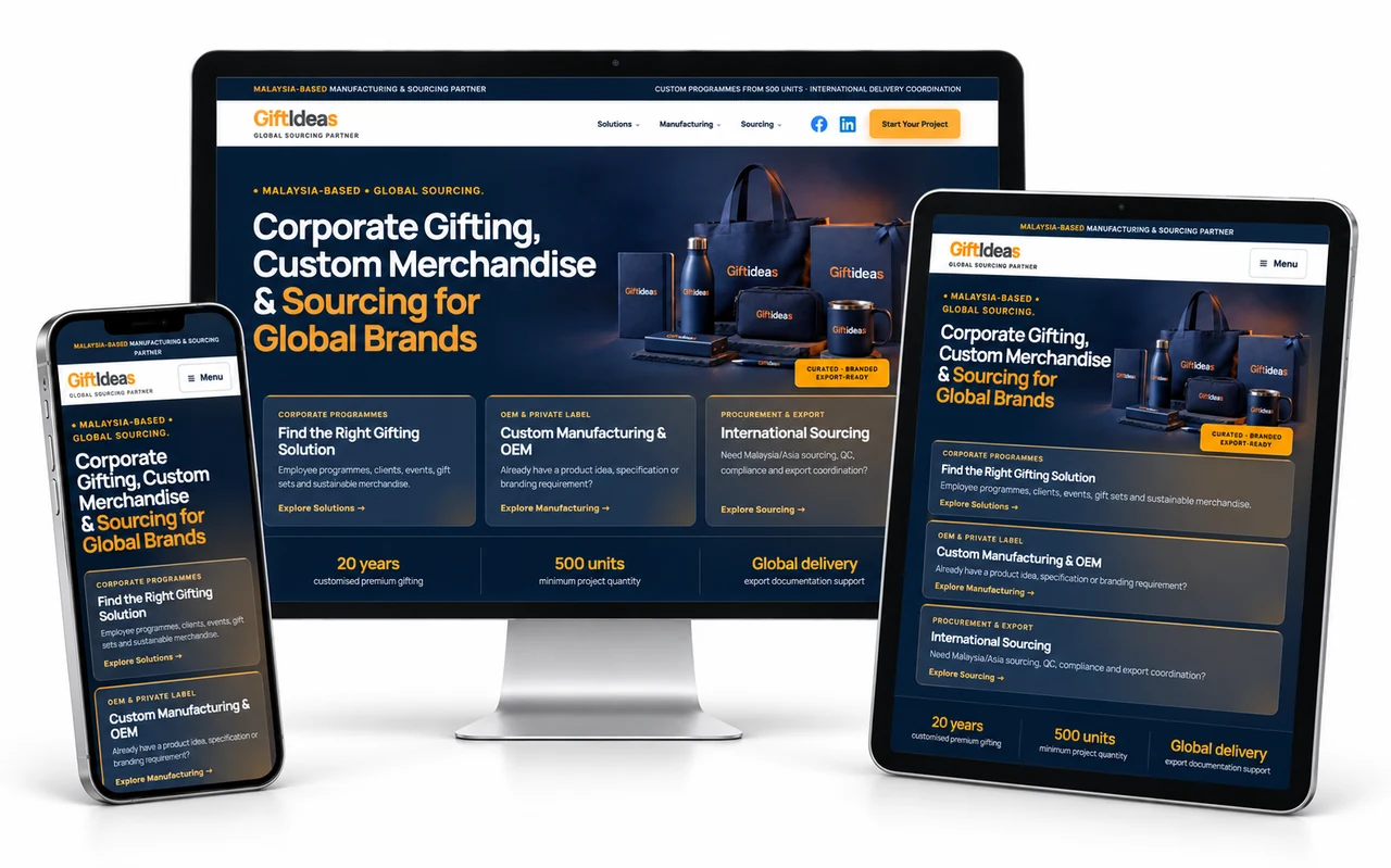Giftideas website design presented on a desktop monitor, tablet and phone